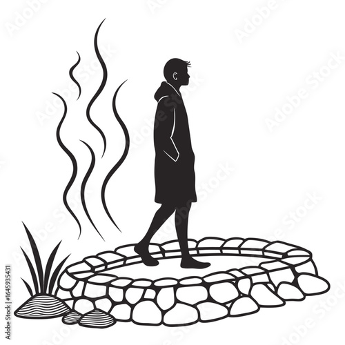 Hot spring with steam silhouette