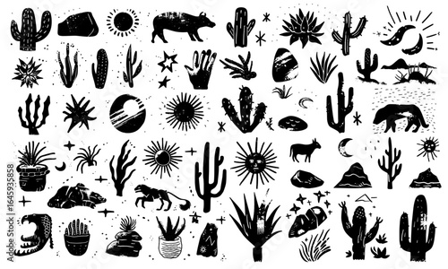 Far west desert vector elements of nature, plants, stones, animals, stars, sun, moon, cactus. Linocut style background