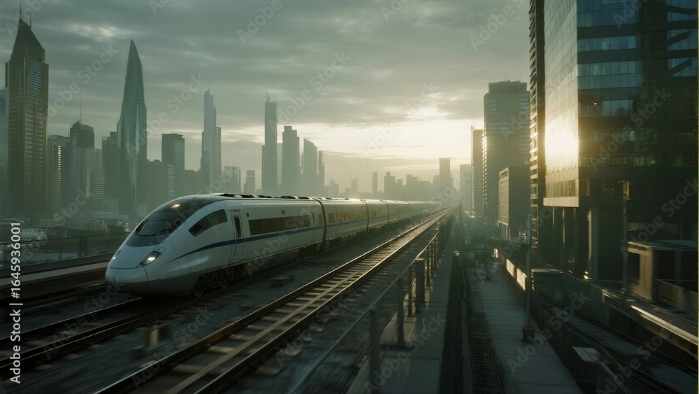 Naklejka premium High-speed train glides through a modern city with tall buildings at sunrise, showcasing urban transportation and architecture.