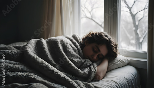 peaceful scene of person sleeping under cozy blanket by window