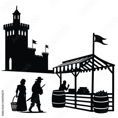 Medieval marketplace scene silhouette