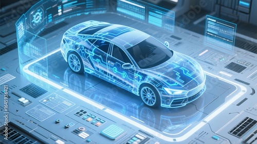 A 3D holographic car model illustrates internal circuitry and digital interface, showcasing advanced automotive technology integration.