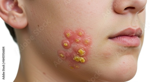 Pediatric dermatology photo of child’s cheek with impetigo showing yellow crusted sores, isolated on white background.
