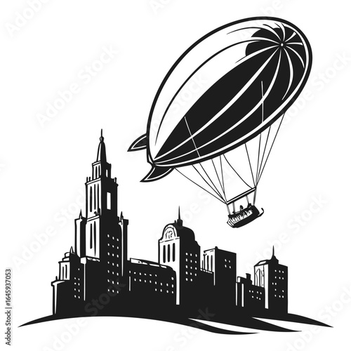 Airship floating above city silhouette