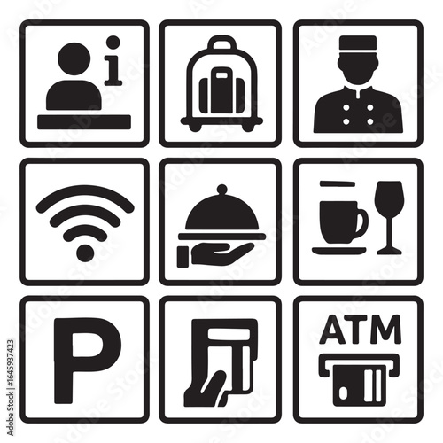 Collection of hotel service icons isolated on white background