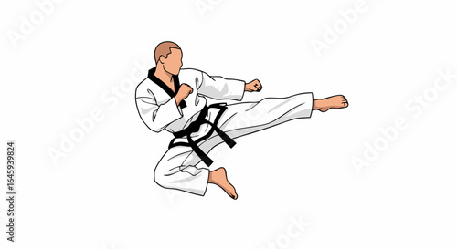 Dynamic martial arts illustration portraying a fighter in a mid-air kick during a competition displaying skill and action showcasing discipline and