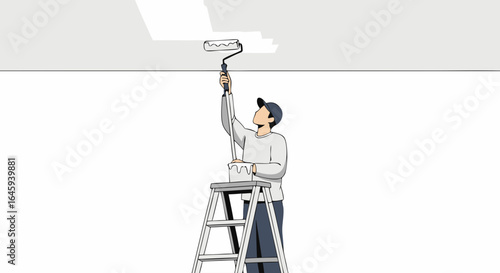Illustration of a focused man painting a ceiling, demonstrating home improvement skills and creative room decoration with a roller brush