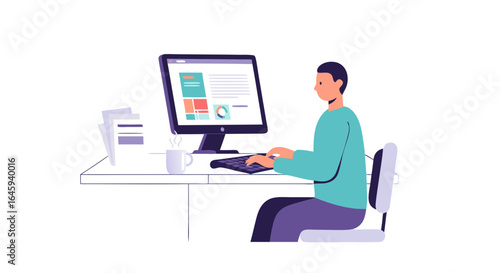 Focused individual working at a computer on a bright white desk in an office setting, creating content or analyzing data for their daily work routine
