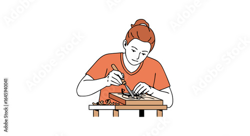 Focused woodcarver meticulously shapes a wooden block, demonstrating dedication to craft and artistic expression through intricate detailing and