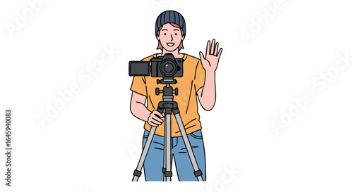 Enthusiastic vlogger with camera gear broadcasting for online audience engagement and connection with viewers during live stream