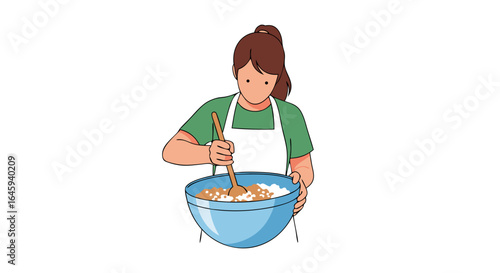 A woman in an apron stirring ingredients in a blue bowl with a wooden spoon in the kitchen preparation