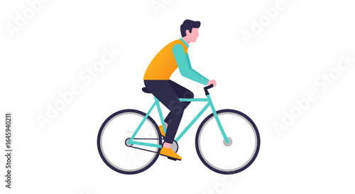 Modern illustration of a male cyclist riding a bicycle promoting healthy lifestyle and eco-friendly transportation option in an urban setting