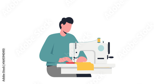 Creative sewing process: An individual using a modern sewing machine for crafting and clothing creation project in a tailor studio environment