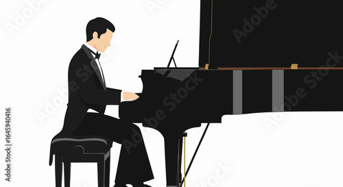 Elegant concert pianist, sophisticated performance captured in graphic vector design with grand piano, classical musician, tuxedo, formal attire and