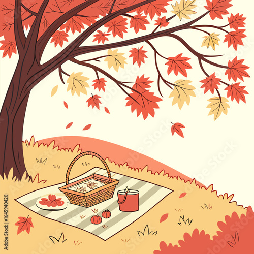Autumn picnic scene featuring a basket on a blanket under a tree with falling leaves and seasonal items