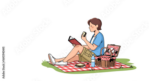 Person enjoys idyllic picnic while immersed in a book and nibbling a sandwich, evoking a serene outdoor setting ideal for relaxation and personal