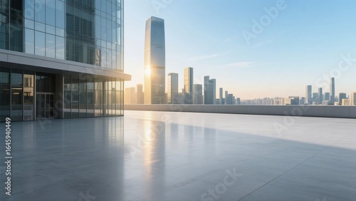 Modern city building with glass facade and skyscrapers in background, sunset lighting with reflective pavement.
