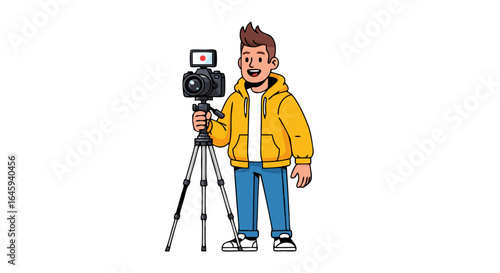 Enthusiastic Cartoon Videographer in Yellow Hoodie Capturing Moments with Professional Camera Setup isolated on white background
