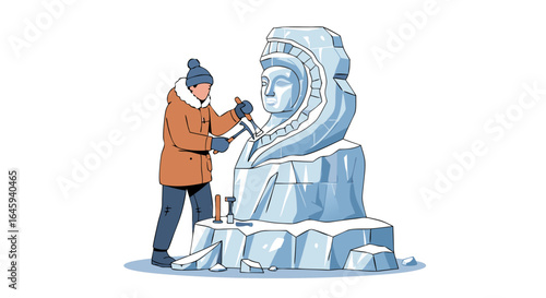 Winter artisan sculpting ice creation in frosty outdoor exhibit showing skill and precision craftsmanship in seasonal artistic expression