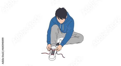 A person with a blue hoodie tying shoelaces in an isolated white background studio shot digital art illustration vector graphics minimalist drawing