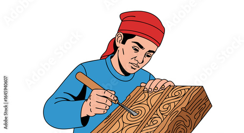 Intricate Woodcarving Depiction of Skilled Craftsman Shaping Detailed Designs with Precision and Focus in Traditional Attire Expressing Artistic