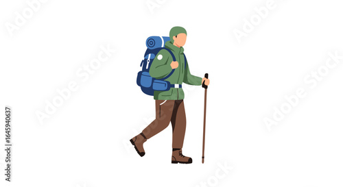 Flat vector illustration of a hiker with backpack and trekking pole isolated on a white background depicts outdoor adventure, journey, and personal