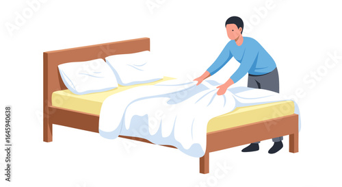 Person making bed preparing for sleep or cleaning bedroom, simple illustration