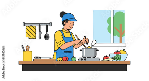 Vibrant kitchen scene: chef stirring pot with fresh ingredients and a view from the window, showcasing culinary passion and domesticity