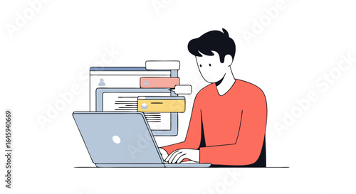 Person working on a laptop with multiple browser windows in a minimalist style illustration for business and technology concepts