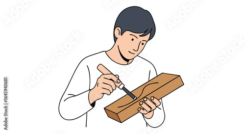 Craftsman meticulously carving wood, showcasing skill and dedication in artistic pursuit of woodworking perfection and creative design process