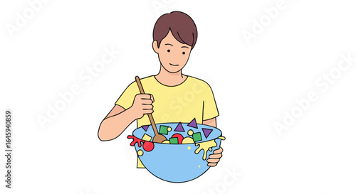 Delightful culinary creation a young chef enthusiastically prepares a vibrant fruit salad filled with colorful shapes and splashes of flavorful
