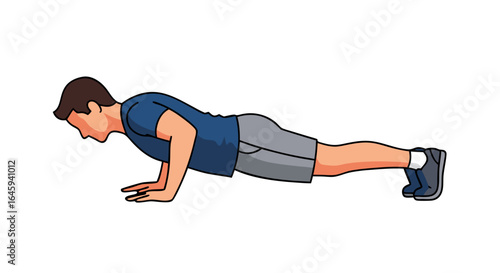 Illustrated depiction of a man performing a push up exercise emphasizing strength and fitness, demonstrating proper form and encouraging healthy