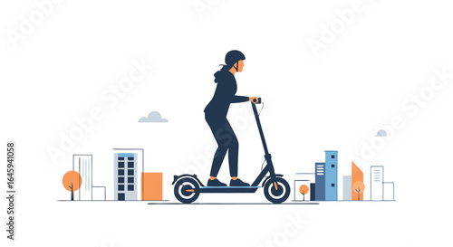 Person enjoying modern transportation with an electric scooter through an urban landscape, showcasing the future of green urban mobility