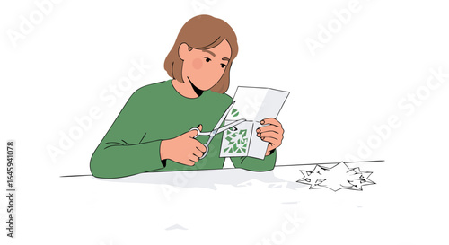 Illustration depicting a woman crafting intricate paper designs, using scissors to create delicate botanical patterns with precision and focus on