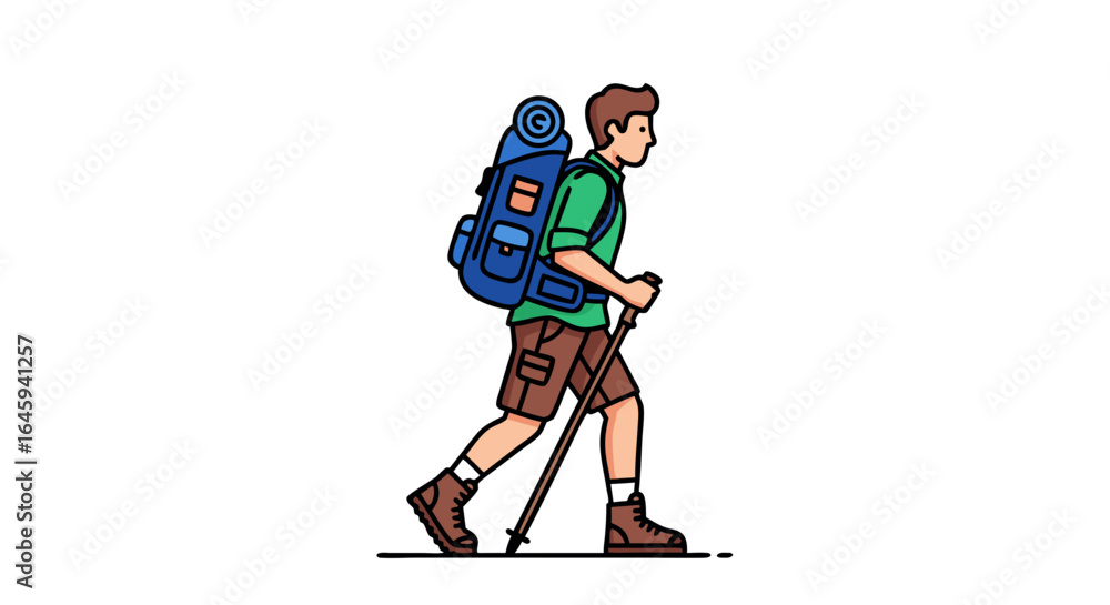 Naklejka premium Detailed cartoon illustration of a hiker with a backpack and trekking poles on a white background