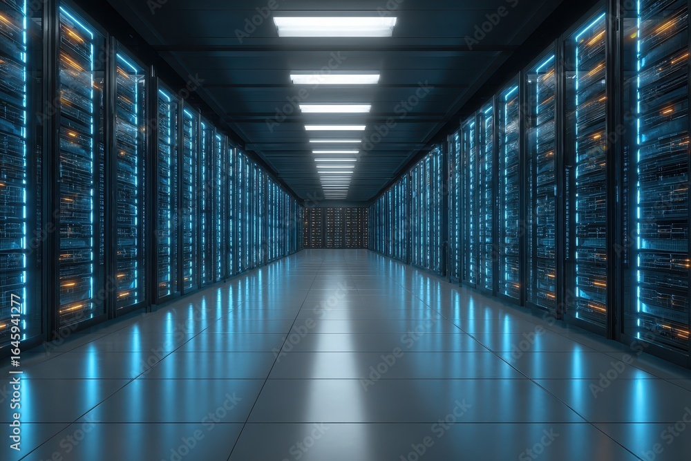 Fototapeta premium Data Center Server Room with Blue Lights and Reflective Floor