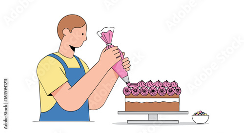 Creating sweet masterpieces a baker decorates a delicious cake with pink icing for festive celebrations like birthdays or events