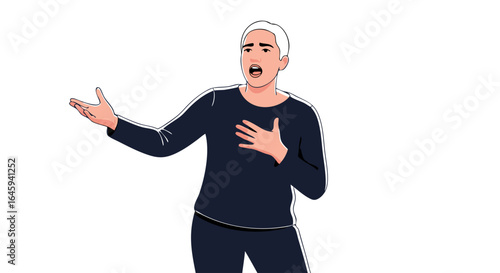 Animated depiction of an expressive individual in mid-speech or performance with hand gestures engaging in a persuasive or passionate discussion