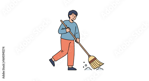 Illustration of a young man with a broom sweeping the floor, cartoon-style portrayal of cleaning activities and household chores with a happy