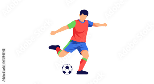 Dynamic isolated illustration of a soccer player in mid-kick action showcasing athleticism and game play preparation focus with colorful design