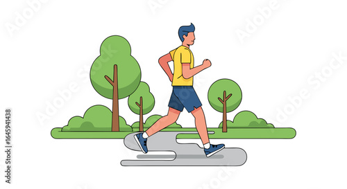Animated Man Running in a Green Park on a Gray Path for a Healthy Lifestyle and Fitness Illustration