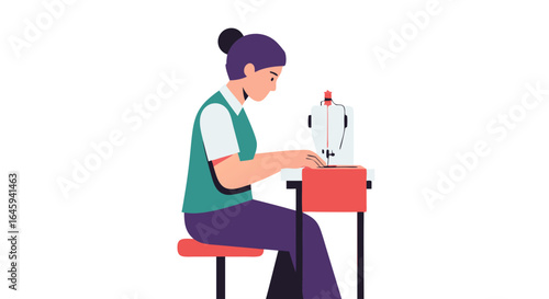 Illustration portraying a female tailor diligently operating a sewing machine in her workspace