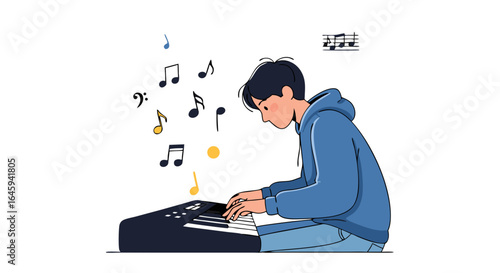 Illustration of a young man playing a piano with musical notes floating around his head representing his passion and creativity expressing music