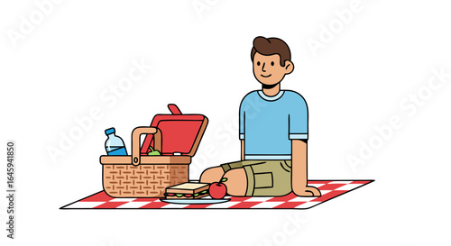 Cartoon illustration of a man enjoying a leisurely picnic with a basket, sandwich, and apple, on a checkered blanket creating a cheerful outing