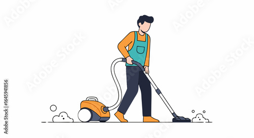 Man vacuuming floor in minimalist illustration style presenting cleaning routine and equipment for maintaining hygiene and cleanliness indoors