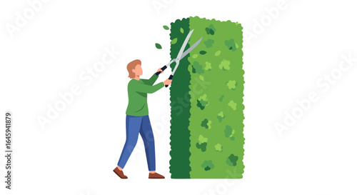 Illustration showing gardener shaping green hedge with shears in modern minimalist style representing landscaping and property maintenance task