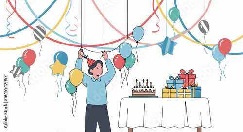 A Young Person Decorating for a Party, Surrounded by Balloons, Streamers, Gifts, and a Birthday Cake, Creating a Festive Atmosphere