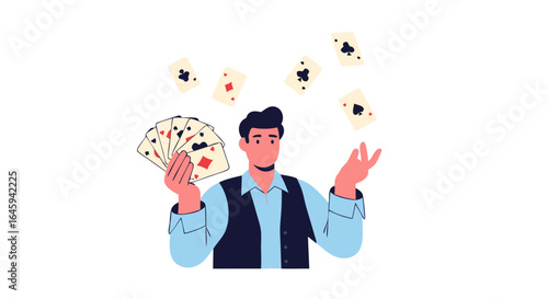 Expert card handler gracefully tosses poker cards in artistic fashion with focused gaze skillful dexterity creating an engaging performance
