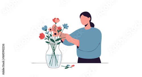 Vector Illustration: Woman arranging vibrant blossoms in clear vase, floral artistry in quiet moments, a bloom of color and peace adding freshness