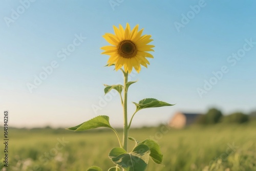 A bright yellow sunflower with a brown center stands tall in a lush green field under a clear blue sky.